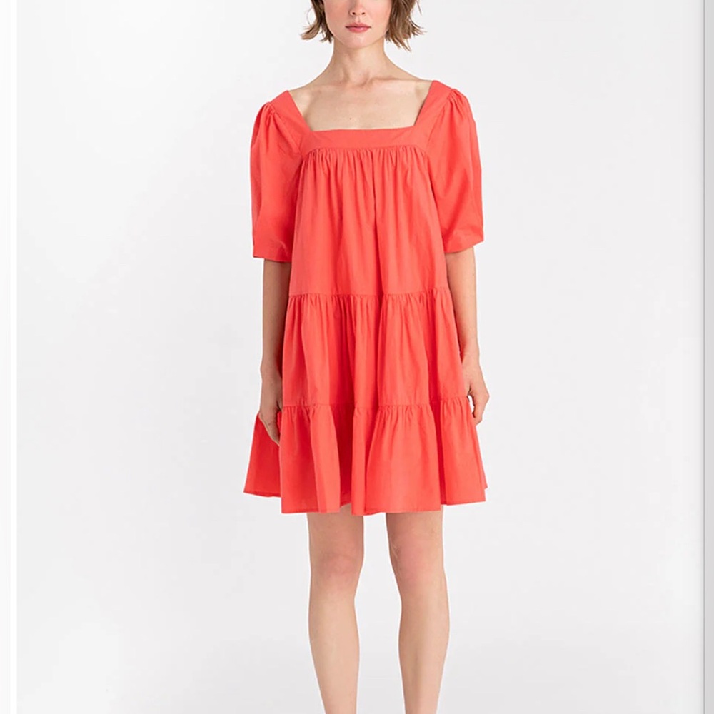 Coral/Red Mini Puff Sleeve Dress